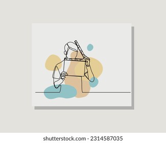 Continuous single one line art drawing of person holding film movie clapper board producer director film maker in boho style design vector illustration