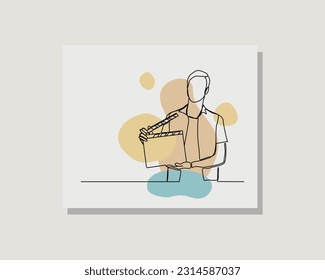 Continuous single one line art drawing of person holding film movie clapper board producer director film maker in boho style design vector illustration