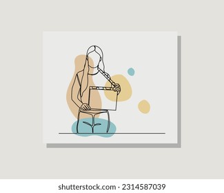 Continuous single one line art drawing of person holding film movie clapper board producer director film maker in boho style design vector illustration