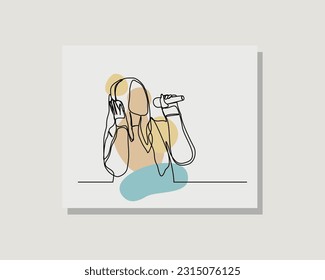 Continuous single one line art drawing of beautiful young woman sing a song karaoke with microphone in boho bohemian style design vector illustration