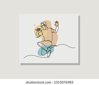Kontinuierliche Zeichnung einer einzelnen Linie, die einen flüchtigen jungen Mann beim Singen einer Karaoke mit Mikrofon im boho-bohemianischen Stil zeichnet, Vektorgrafik