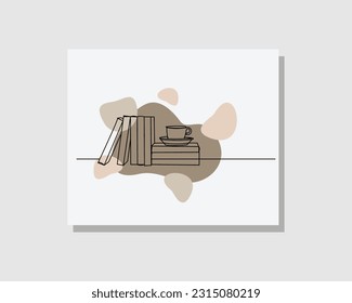 Continuous single one line art drawing of Stack of books and cup of coffee or hot tea on table in boho bohemian style design vector illustration