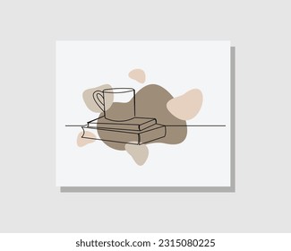 Continuous single one line art drawing of Stack of books and cup of coffee or hot tea on table in boho bohemian style design vector illustration