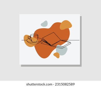 Kontinuierliche Einzelzeilkunstzeichnung des offenen Buches und der Tasse Kaffee oder heißen Tee auf dem Tisch im boho-bohemianischem Stil, Vektorgrafik
