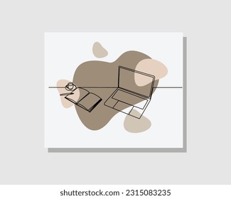 Dibujo continuo de una sola línea de un libro abierto, laptop y taza de café o té caliente en mesa de trabajo en diseño bohemio de estilo vectorial