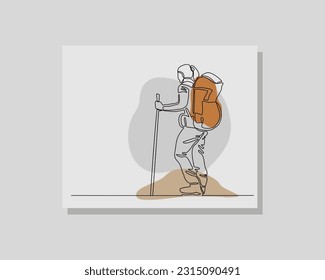 Dibujo continuo de una sola línea de arte de personas caminando y caminando montaña con mochila portadora en un diseño bohemio estilo vectorial