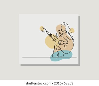 Continuous single one line art drawing of woman guitarist guitar player musician artist in boho bohemian style design vector illustration