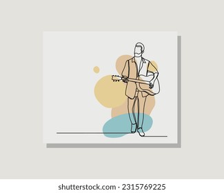 Continuous single one line art drawing of man guitarist guitar player musician artist in boho bohemian style design vector illustration