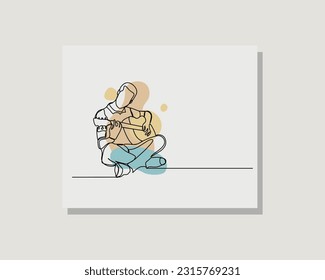 Continuous single one line art drawing of man guitarist guitar player musician artist in boho bohemian style design vector illustration