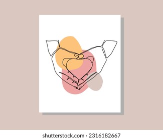 Continuous single one line art drawing of hands heart love shape valentine day romantic health care humanity together unity symbol in boho bohemian style design vector illustration