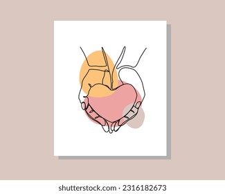 Continuous single one line art drawing of hands heart love shape valentine day romantic health care humanity together unity symbol in boho bohemian style design vector illustration