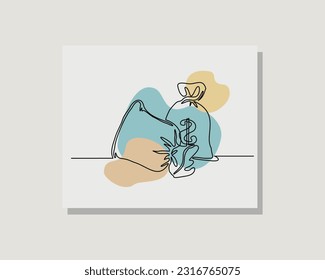 continuous single one line art drawing of dollar money bag sack economy banking save concept in boho bohemian style design vector illustration