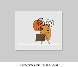 Dibujo continuo de una sola línea de arte de la videografía del proyector de cámara de cine retro vintage en diseño bohemio vectorial