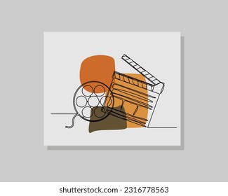 Continuous single one line art drawing of vintage retro old film roll strip record and clapperboard for director movie in boho bohemian style design vector illustration