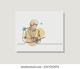 Dibujo continuo de una sola línea de arte de un empresario con traje formal sostiene papel de documento en diseño boho bohemio vectorial