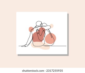 Continuous single one line art drawing of romantic love couple hugging for valentine in boho bohemian style design vector illustration