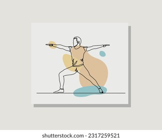 Dibujo continuo de una sola línea de arte de la práctica humana ejercicio de yoga gimnástico en diseño bohemio de estilo vectorial