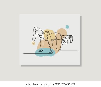 Continuous single one line art drawing of woman practice gymnastic yoga exercise in boho bohemian style design vector illustration