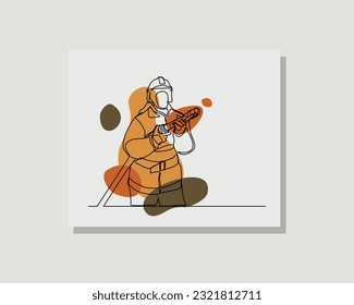 Continuous single one line art drawing firefighter holding fire hose nozzle to extinguish fire in boho bohemian style design vector illustration