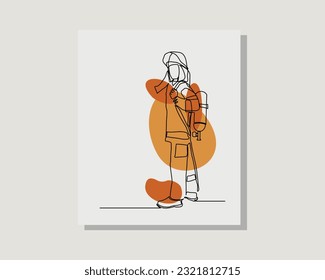 Continuous single one line art drawing firefighter holding fire hose nozzle to extinguish fire in boho bohemian style design vector illustration