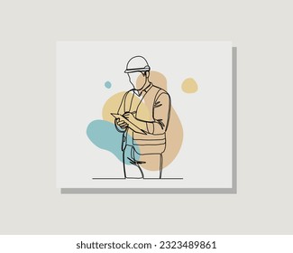 Continuous single one line art drawing of building architect construction worker man write list notes paper in boho bohemian style design vector illustration