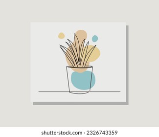 Continuous single one line art drawing of exotic potted tropical house plant for room decoration in boho bohemian style design vector illustration