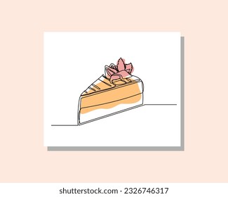 Continuous single one line art drawing of delicious sliced piece creamy tart cake with fruit topping and whipped cream for birthday party in boho bohemian style design vector illustration