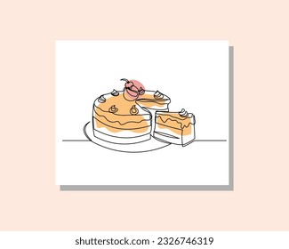 Dibujo continuo de una sola línea de arte de deliciosa pieza en rodajas crema tarta con tostado de fruta y crema batida para fiesta de cumpleaños en diseño boho bohemian estilo vectorial