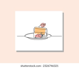 Continuous single one line art drawing of delicious sliced piece creamy tart cake with fruit topping and whipped cream for birthday party in boho bohemian style design vector illustration