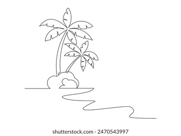 Kontinuierliche Single Line Art Skizze des Strandmeeres mit Palme Kokospalme tropische Sommerlandschaft Vektorillustration