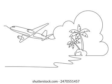 Continuous single one line art sketch drawing of airplane flying over beach sea with palm coconut tree tropical summer landscape holiday travel vector illustration