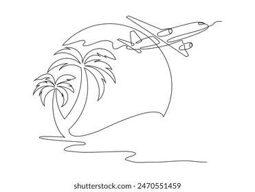 Continuous single one line art sketch drawing of airplane flying over beach sea with palm coconut tree tropical summer landscape holiday travel vector illustration