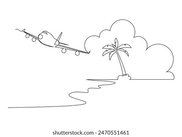 Continuous single one line art sketch drawing of airplane flying over beach sea with palm coconut tree tropical summer landscape holiday travel vector illustration