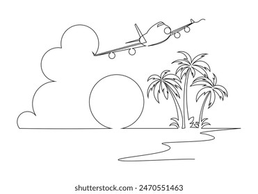 Dibujo continuo del boceto del arte de una sola línea del avión que vuela sobre el mar de la playa con el paisaje tropical del viaje de vacaciones del verano del cocotero de la palma Ilustración vectorial