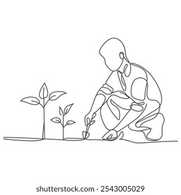 Kontinuierliche einzeilige Kunstzeichnung von Menschen Pflanzung und Landwirtschaft Samen Plan Baum Vektorgrafik, Kontinuierliche einzeilige Kunstzeichnung von Menschen Pflanzung und Landwirtschaft Samen Plan Baum.