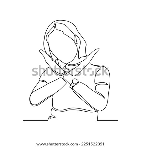 Continuous single one line art drawing of woman crossing hands gesture say no stop rejection ban or enough