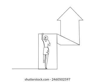 Continuous single one line a career woman who is on the rise. . Business growth concept.  Design vector illustration