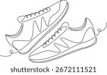 Continuous single one line drawing of casual sneakers shoes minimalism design outline illustration.