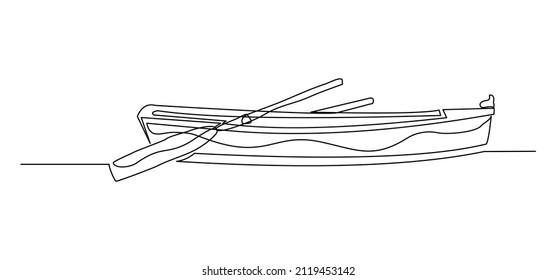 Continuous Single One Line Drawing Of Wooden Fishing Canoe Vector Illustration