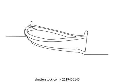 Continuous Single One Line Drawing Of Wooden Fishing Canoe Vector Illustration