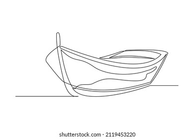 Continuous single one line drawing of wooden fishing canoe vector illustration