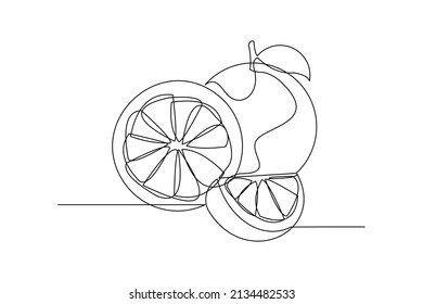 Continuous single one line drawing of orange tangerine summer fresh fruit vector illustration