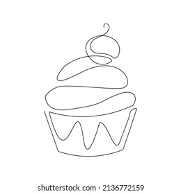 Continuous single one line drawing of sweet delicious muffin cup cake vector illustration
