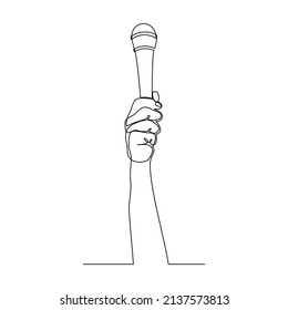 Continuous single one line drawing of hand holding microphone for interview vector illustration