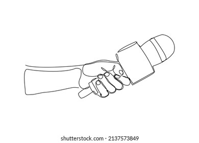 Continuous single one line drawing of hand holding microphone for interview vector illustration