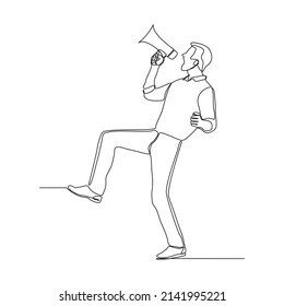 Continuous single one line drawing of business man holding megaphone to speak announce and advertisement vector illustration