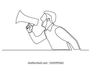 Continuous single one line drawing of business man holding megaphone to speak announce and advertisement vector illustration