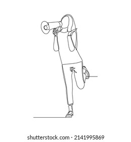 Continuous single one line drawing of business woman holding megaphone to speak announce and advertisement vector illustration