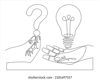 continuous single one line drawing of question and answer, solving problem or business solution, FAQ concept.