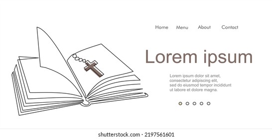 Continuous single one line drawing of open book and cross. Illustration with quote template. One line vector illustration. Order a banner for one line drawing.